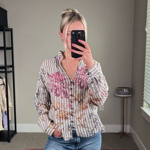 Anthropologie Striped Floral Blouse - Pink, Purple, Gray